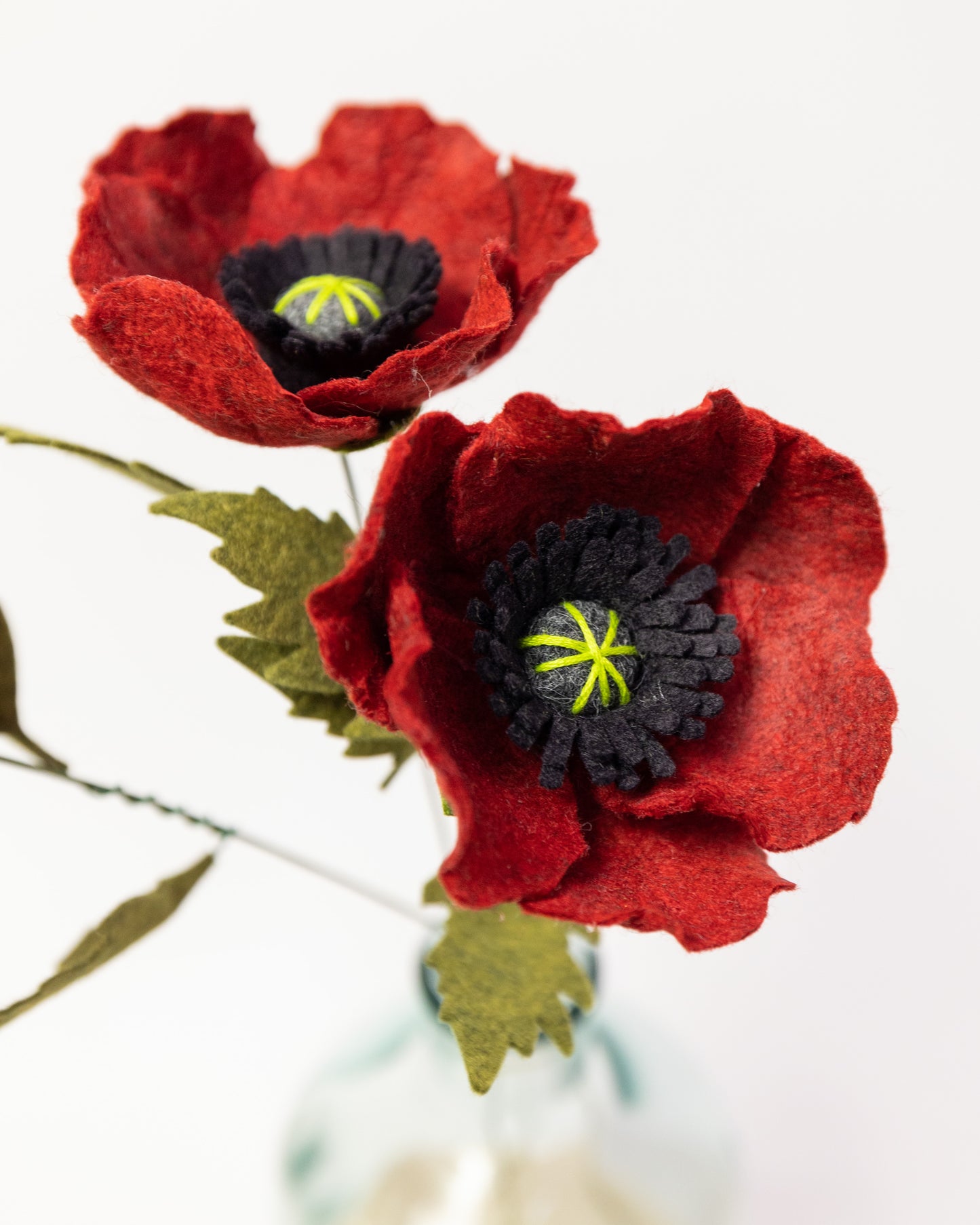 Poppy Felt Flower Stem Black Center