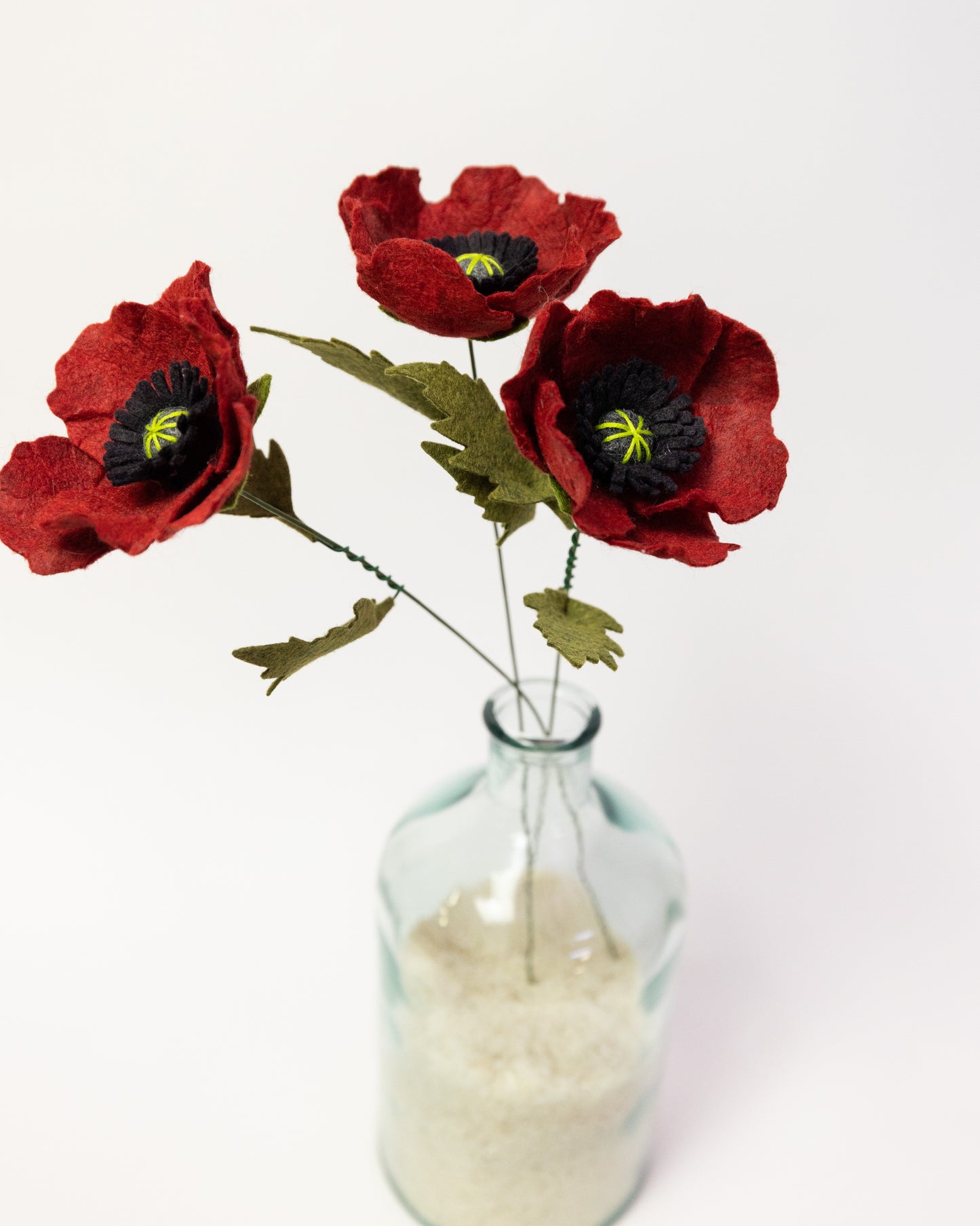 Poppy Felt Flower Stem Black Center